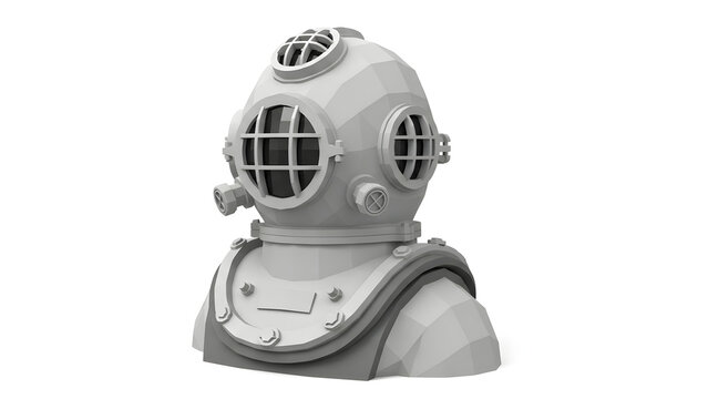 Low Poly Antique Deep Sea Diving Helmet Isolated on White Background for Underwater Exploration Concept and Nautical Decor
