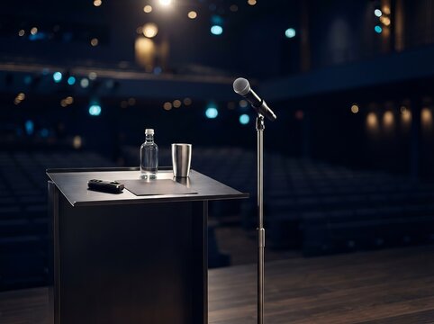 Empty stage podium, microphone stand in theater, conference hall lectern