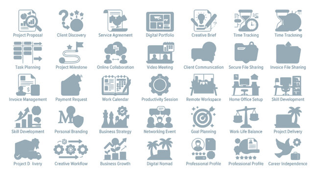 Business icons project proposal client discovery service agreement digital portfolio.