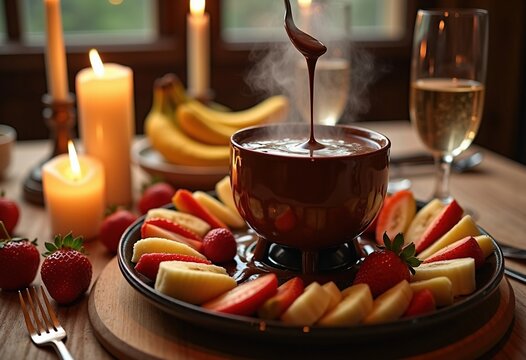 Decadent Chocolate Fondue with Assorted Fruit Dippers on Romantic Candlelit Table