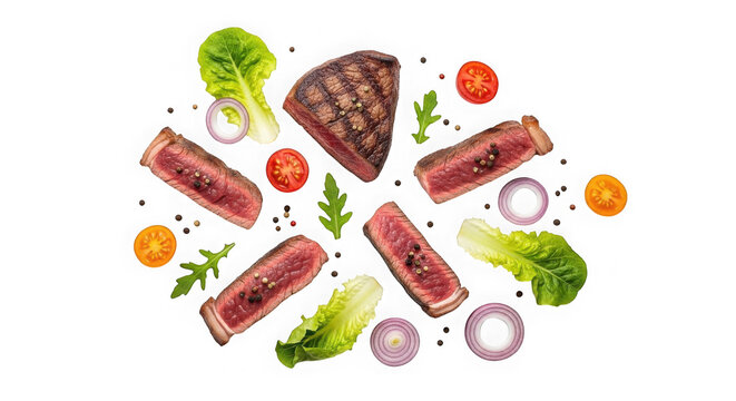 Raw meat and fresh vegetables arranged for healthy meal prep. High-protein ingredients isolated on transparent background for diet and nutrition de...