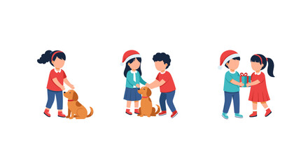 Fototapeta premium Flat vector illustration set featuring children celebrating Christmas, including a girl petting a dog, siblings with a puppy, and a boy giving a holiday gift to a girl on a white background.
