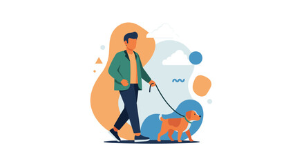 Fototapeta premium Flat vector illustration of a man in a green jacket and dark trousers walking a brown dog on a leash against a background of abstract colorful organic shapes and clouds.
