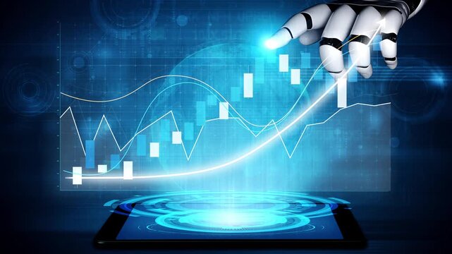 A futuristic robot hand interfaces with a tablet, showcasing dynamic graphs and charts that represent data analysis in technology and finance industries. Copula