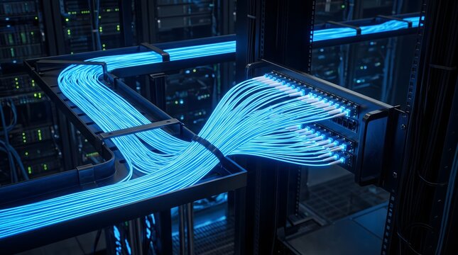 Glowing fiber optic cables connected to high speed network server racks inside a modern dark technological high tech data center