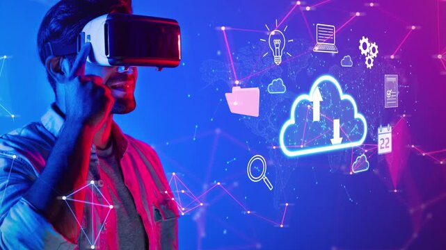Man Engaging with Virtual Reality Technology in Colorful Digital Environment Representing Cloud Computing and Innovation Concepts. Entropy.