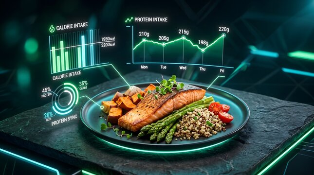 Grilled salmon fillet with roasted sweet potatoes and fresh asparagus featuring vibrant digital data overlay showing nutritional macro nutrient statistics