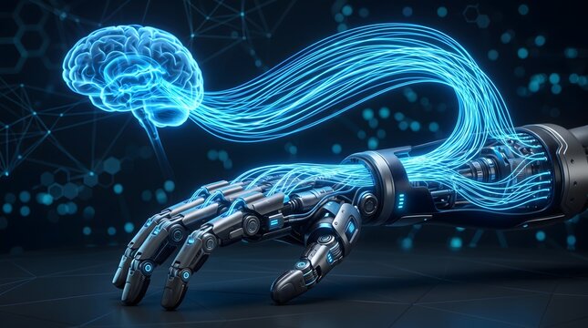 Futuristic robotic hand connected to a glowing blue human brain representing artificial intelligence development within advanced neural network computing systems
