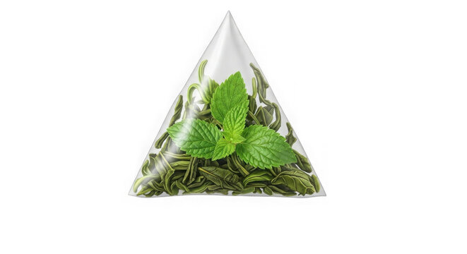 Isolated green plant terrarium in geometric glass triangle. Minimalist indoor gardening decor with transparent cutout background.