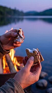 Man pulls apart a toasted smore by a lake fire. Tourist enjoys camping dessert by the water at dusk. Outdoor campfire lifestyle leisure activity concept.