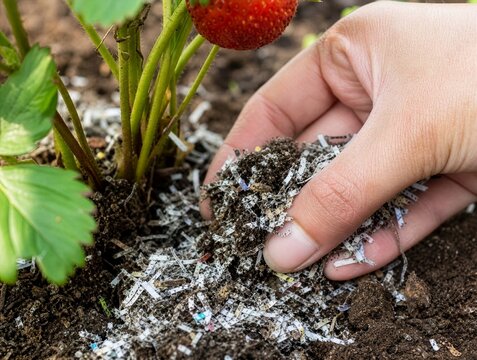 Hand mixing recycled shredded paper mulch with soil around a strawberry plant, concept of eco-friendly gardening, organic recycling and sustainable soil care