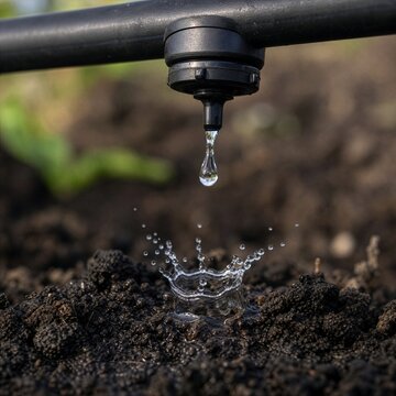 Close-up of a water drop falling from a drip irrigation emitter and splashing on fertile soil, concept of water-saving technology and efficient sustainable farming