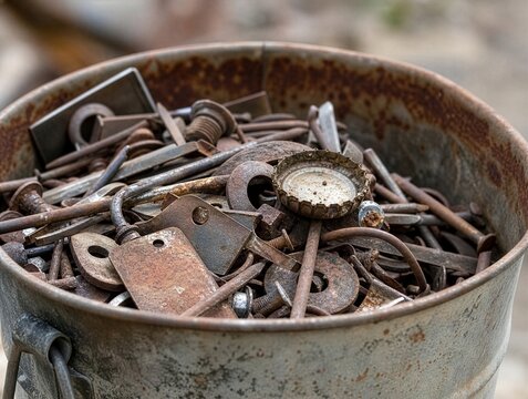 Old rusty metal bucket full of scrap hardware with nails, washers, bolts and a bottle cap, concept of scrap metal collection, corrosion and recycling