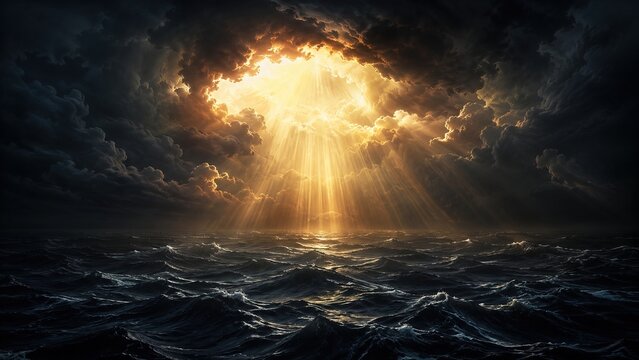Divine light breaking through dark storm clouds over turbulent sea at moment of creation