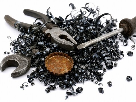 Old metalworking tools with pliers, wrench and rusty bottle cap on a pile of metal shavings, concept of metalworking, machining and scrap metal recycling