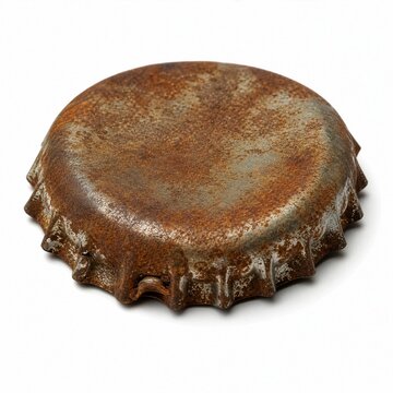 Old rusty metal bottle cap isolated on a white background, concept of corrosion, aged metal, waste and recycling