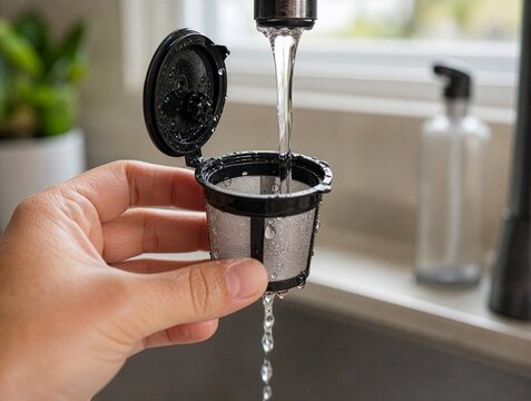 Hand washing a reusable coffee capsule under running tap water in a kitchen sink, concept of eco-friendly refillable pods, cleaning and zero waste sustainable living