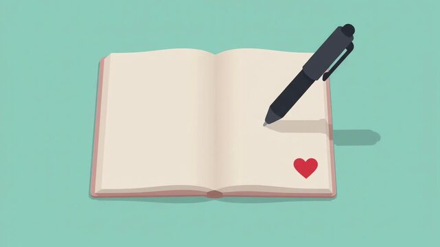 Open notebook animated video with black pen drawing red heart