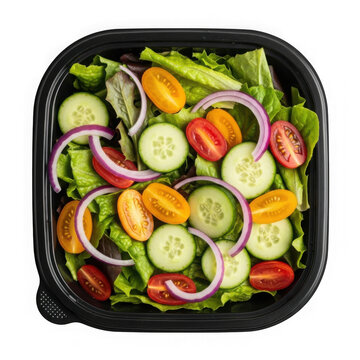 Fresh healthy meal prep salad in black container. Vibrant vegan lunchbox with cucumbers, tomatoes, onions, and greens for dieting.