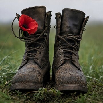 Old worn military boots with a red poppy flower standing in a grassy field, concept of Remembrance Day, war memorial, tribute to fallen soldiers and veterans
