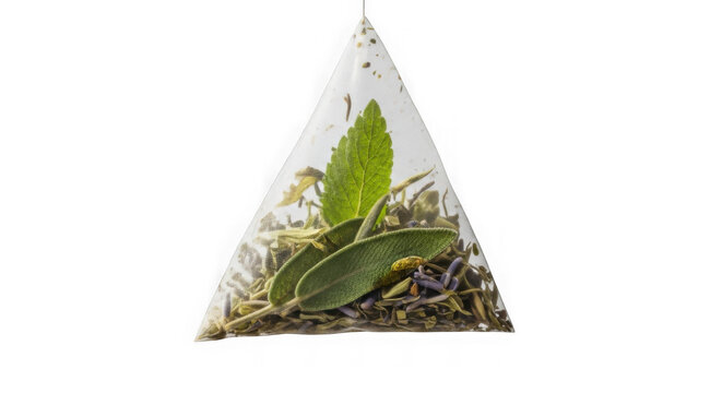 Fresh green tea leaves in triangular infuser. Loose leaf herbal tea sachet with natural organic ingredients for brewing.