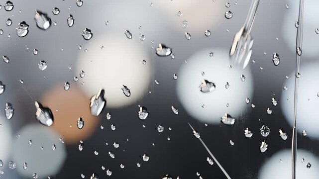 Sliding water droplets elongating merging under gravity down vertical glass pane at night bokeh