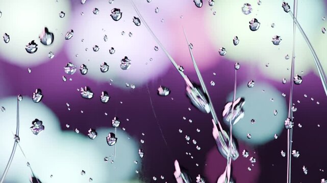 Gravity pulling cluster of water droplets, merging into vertical streaks on glass, bokeh