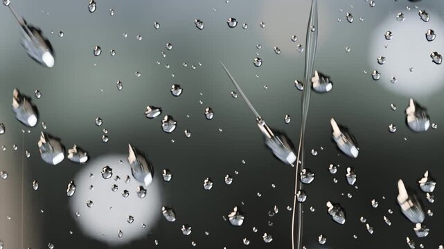 After merging droplets forming long streaks and sliding down glass, pulled by gravity with bokeh