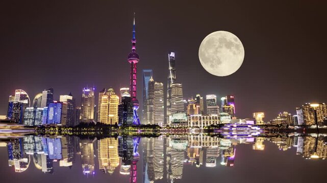 Shanghai fantasy skyline and moon