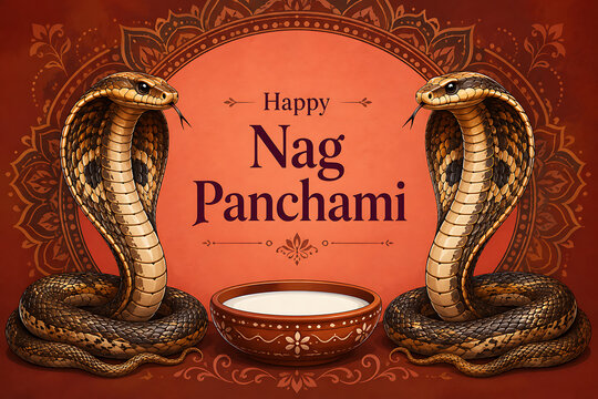 Two beautiful brown cobras sitting near a traditional clay bowl filled with sweet milk for mahadev during the auspicious nag panchami celebration