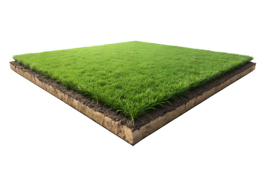 Square piece of green grass field with soil layer isolated isolated on transparent background