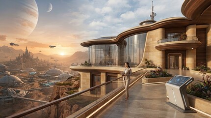 Fototapeta premium Futuristic city on an alien planet with a woman in a suit on a balcony