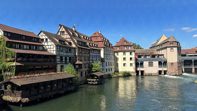 Strasbourg, Germany.  A beautiful medieval view of  half timbered houses with the canal running through, this is beautiful old fashioned village and popular with tourists