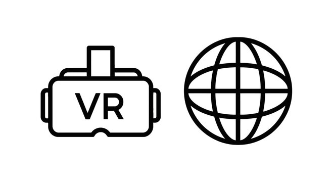 Vr headset and globe icons with vr headset online presence graphic design black and white vr headset virtual reality internet connection