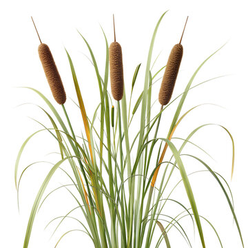 Three brown cattail plants with long green leaves isolated on a white background isolated on transparent background