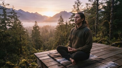 Fototapeta premium Man meditating peacefully in a serene forest landscape at sunrise