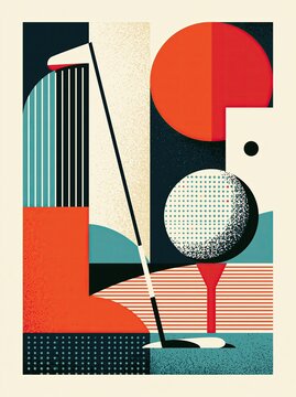 Abstract geometric golf poster with club and ball in modern minimalist flat design style