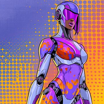 Comic book style illustration of a female humanoid robot with purple and orange armor