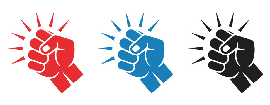 Fist hitting outline, knocking fist icon set featuring red, blue, and black hand gestures for impact, knocking, action, and communication