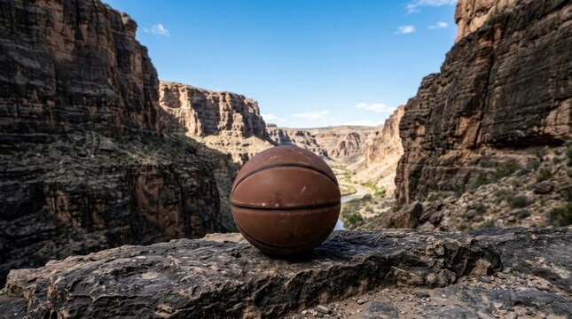 Basketball resting on a rock ledge overlooking a deep rocky canyon, scenic desert mountain landscape view.