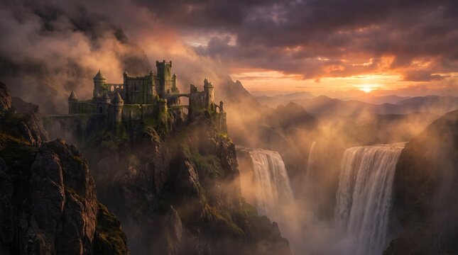 Ancient stone castle perched precariously upon a jagged mountain cliffside overlooks massive roaring waterfalls while brilliant golden sunbeams pierce through thick heavy clouds during a dramatic suns