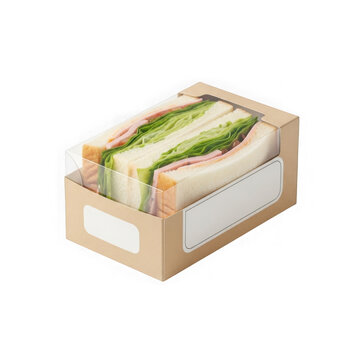 Fresh sandwich in takeaway box ready for lunch. Healthy meal prep with whole wheat bread and crisp vegetables isolated on white.