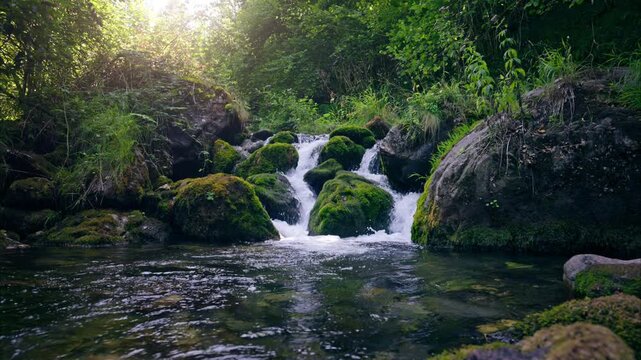small waterfall of mountain river in the forest. Trout fishing. Ariege Pyrenees France