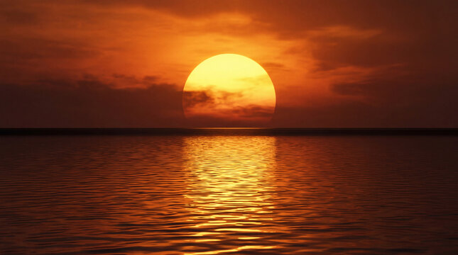 Golden ocean sunset, large sun over sea horizon, orange sky landscape
