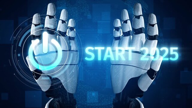 Start 2025 concept with futuristic power button symbolizing fresh beginnings, innovation, and digital transformation. Start 2025, new goals, and start 2025 initiative. Muxer