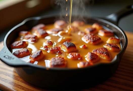 Decadent Caramel Drizzle Over Cast Iron Bread Pudding Warm Comfort Treat