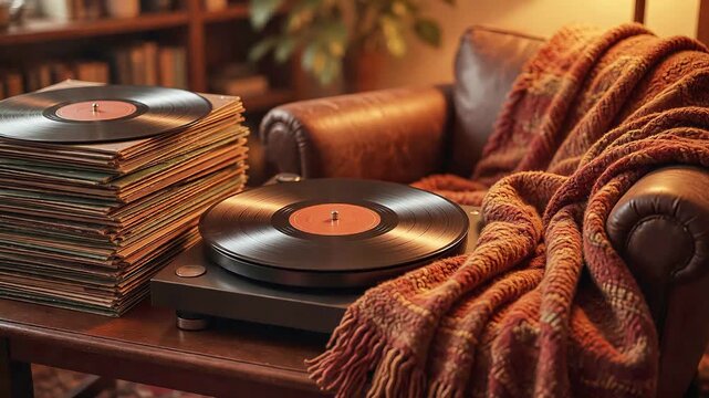 Vintage turntable with vinyl record playing music on wooden table records audio retro analog collection