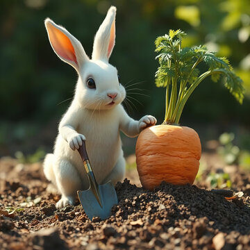 Cute white rabbit farmer holding a small shovel and digging up a huge carrot in the garden vegetable patch