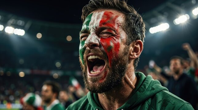 Fierce Italian supporter: passionate fan, stadium chant, scream victory, paint face, shout emotion, patriot pride, close eye, intense expression, sport celebration, loyal follower, arena light.