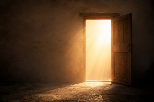 Open wooden door in dark room with bright light streaming inside. Concept of hope, opportunity, and new beginning. Mystery exit to future pathway. Symbolic vision of salvation and escape.